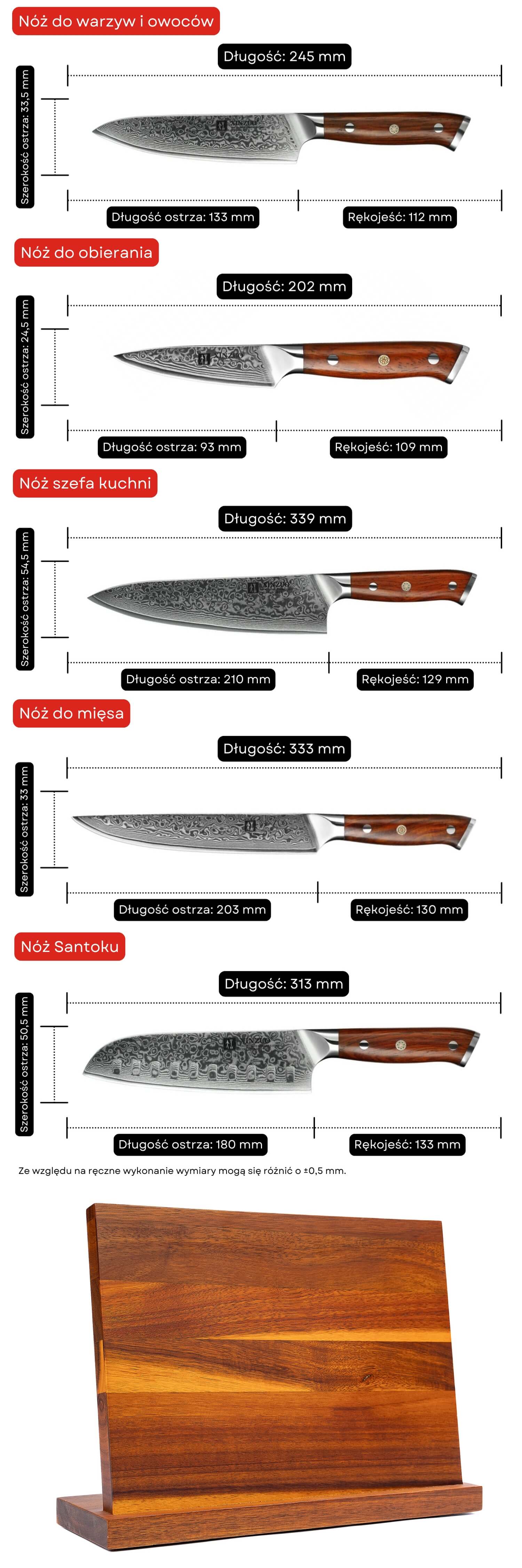 Zestaw noży XinZuo Yu B13R wymiary