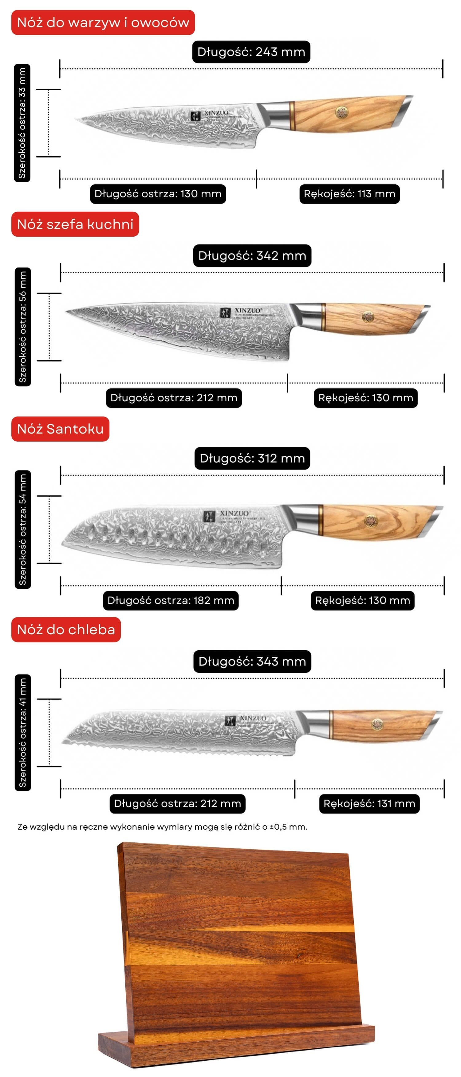 Zestaw noży XinZuo Lan B37 wymiary
