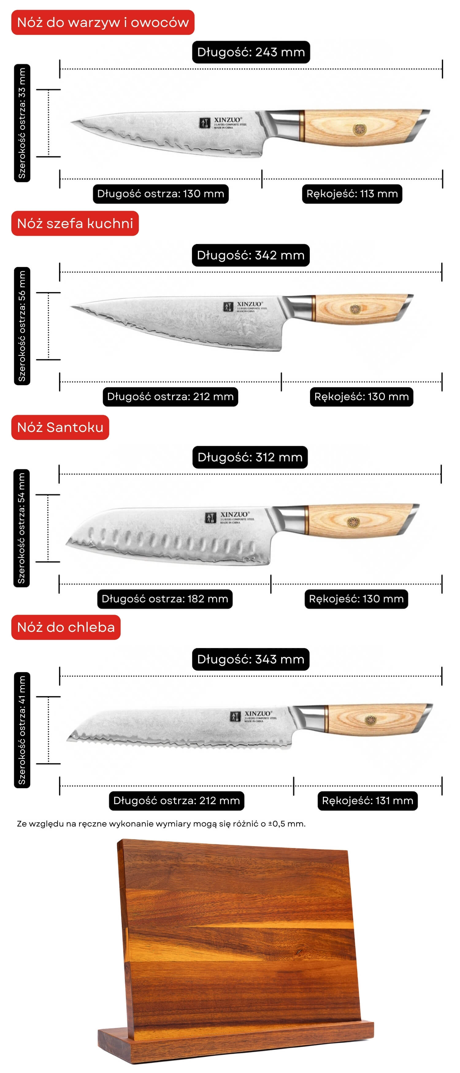 Zestaw noży XinZuo Lan B37S wymiary