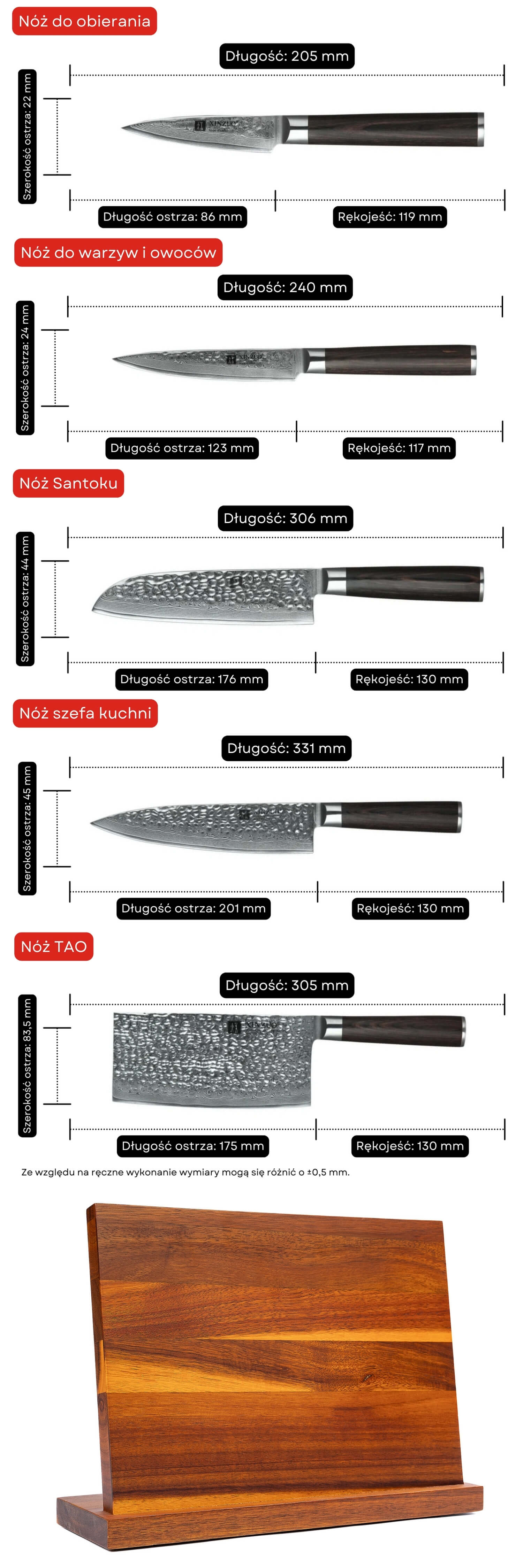 Zestaw noży XinZuo He B1H ze stojakiem magnetycznym - wymiary