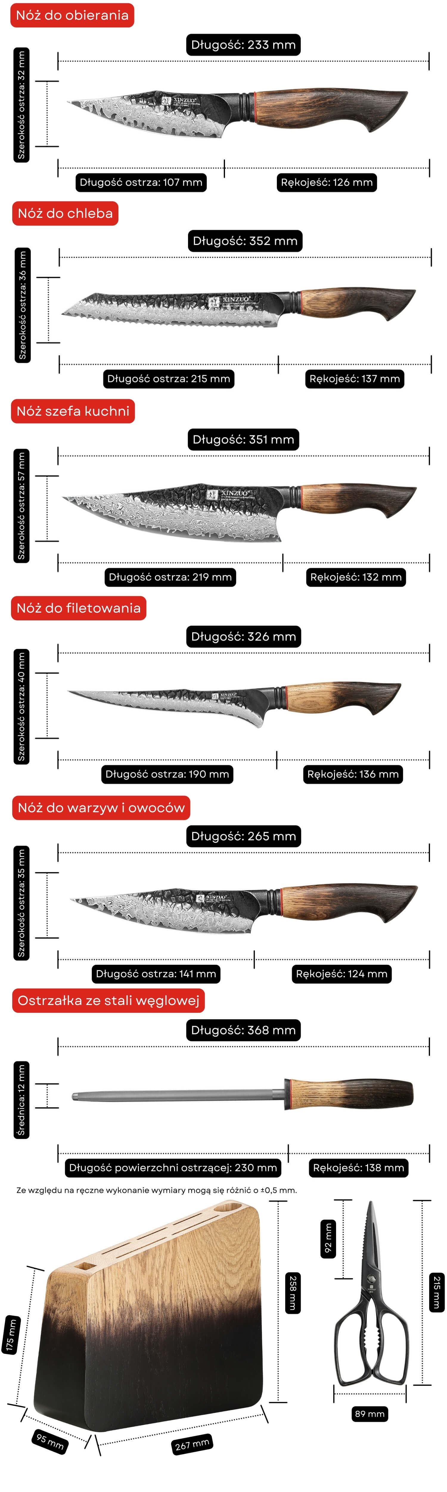 Zestaw noży XinZuo Mo X06 wymiary