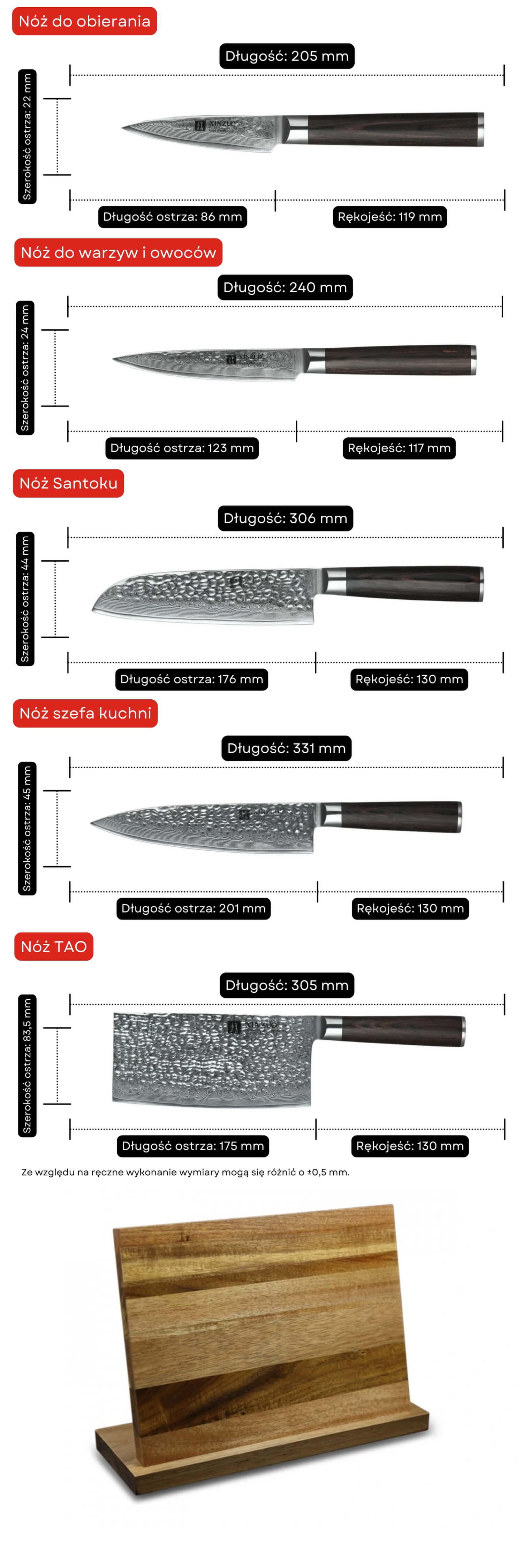 Zestaw noży XinZuo He B1H ze stojakiem magnetycznym - wymiary