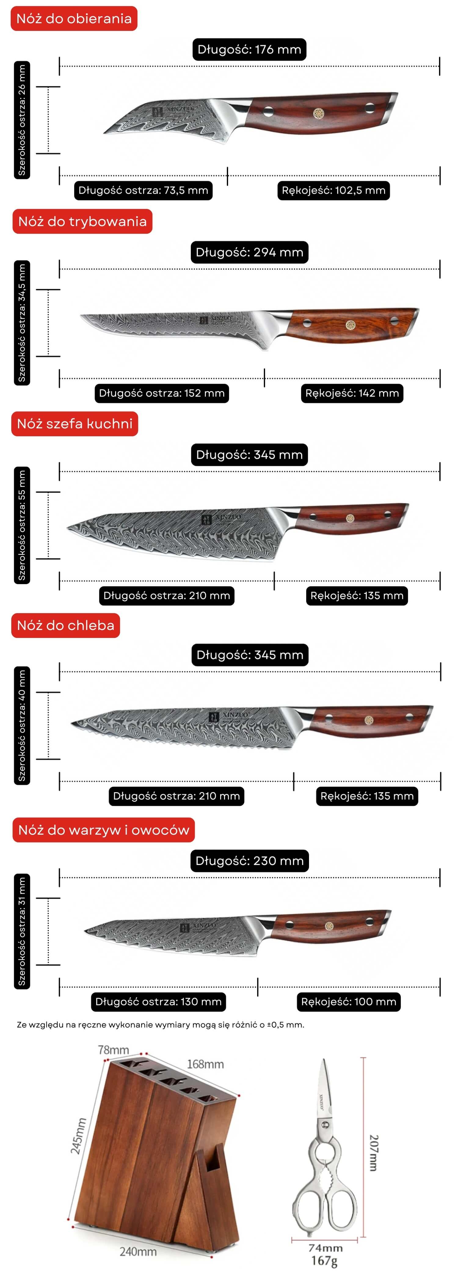 Wymiary zestaw noży Yi B27