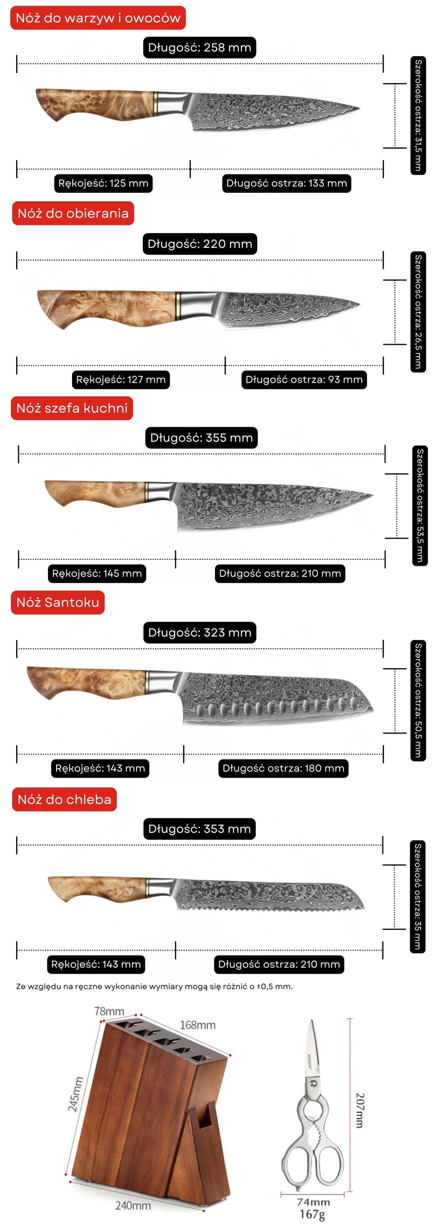 Zestaw noży HezHen B30 Master wymiary