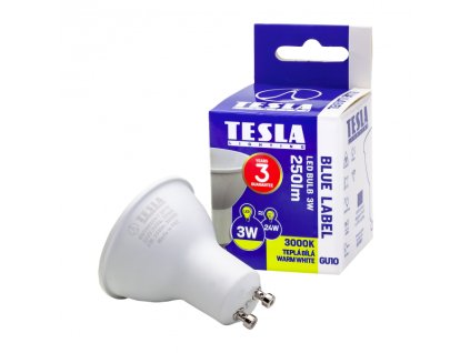 24330 led zarovka tesla gu10 3w 230v 250lm 25 000h 3000k tepla bila 100st