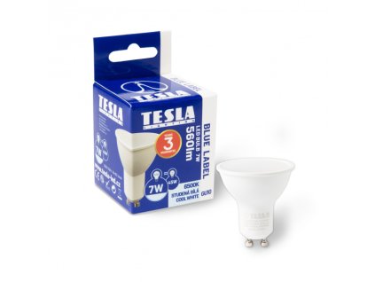 22710 led zarovka tesla gu10 7w 230v 560lm 25 000h 6500k studena bila 110st