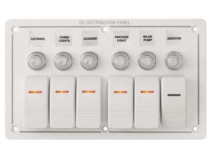 MTM Vodotesný hliníkový biely panel s krytím IP65 s 12/24V prepínačmi veľkosti Carling s LED svetlom a automatickými ističmi s možnosťou opätovného zasunutia, 6 (3x5A/2x10A/1x15A)