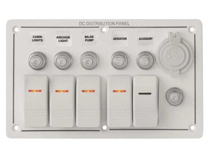MTM Vodotesný hliníkový biely panel s krytím IP65 s 12/24V prepínačmi veľkosti Carling s LED svetlom a automatickými ističmi s možnosťou opätovného zasunutia, 5+USB zásuvka (3x5A/2x10A/1x15A)