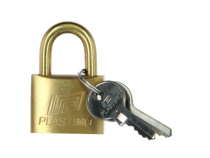 PLASTIMO SADA 3 MOSADZNÝCH VISIACICH ZÁMKOV S ROVNAKÝM KĽÚČOM (Varianta SET OF 3 UNIQUE KEY SHORT SHACKLE BRASS PADLOCKS MM 30)