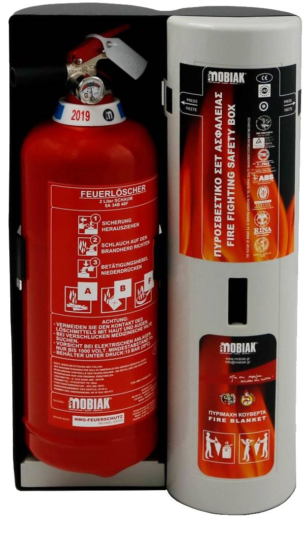MOBIAK Hasiaci prístroj 2 kg FAB + hasiaca deka 0,9 x 0,9 m v boxe - set  MBK10-SET-BOX Fire Fighting Safety Box