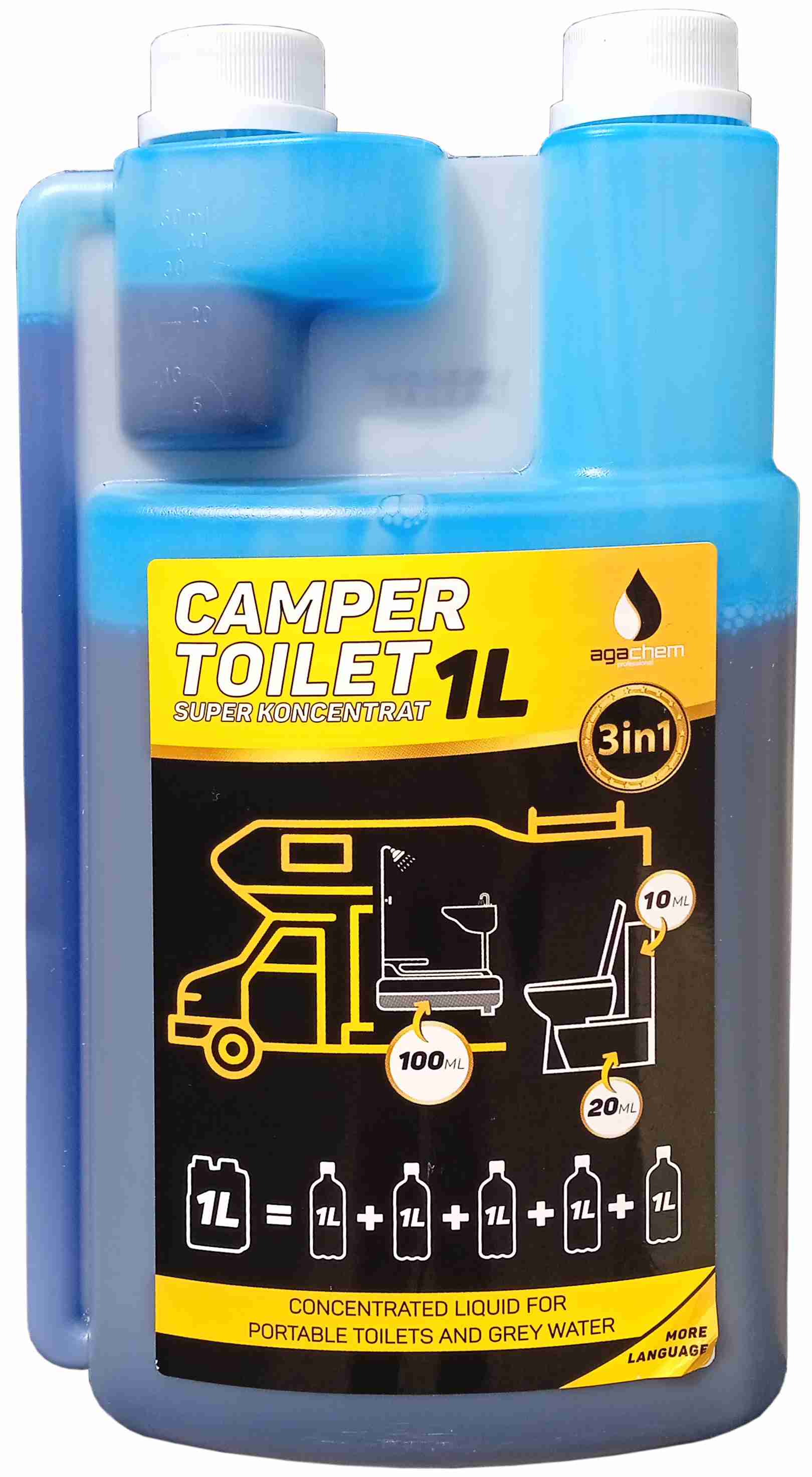 AGACHEM Camper Toilet 3v1 Jedna chémia do všetkých nádrží, superkoncentrát 1 l