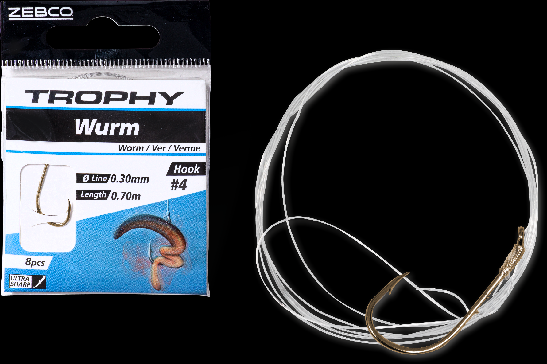 ZEBCOEU #1/0 Trophy Worm hook-to-nylon silver Hooklength: 70cm