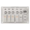 MTM Vodotesný hliníkový biely panel s krytím IP65 s 12/24V prepínačmi veľkosti Carling s LED svetlom a automatickými ističmi s možnosťou opätovného zasunutia, 5 + voltmeter (3x5A/1x10A/1x15A)