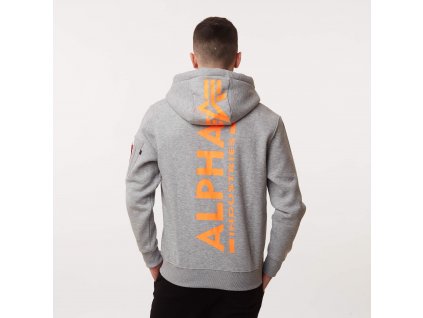 Alpha Industries Back Print Hoody Neon Print pánska mikina grey neon orange