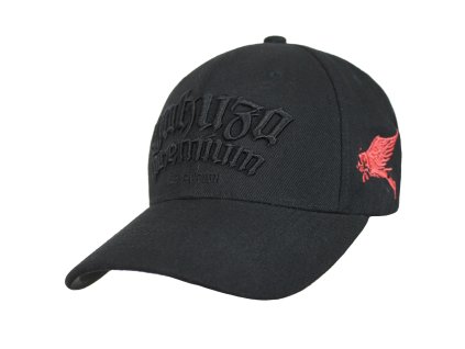 Černá snapback kšiltovka Yakuza Premium 4072S s gotickou 3D výšivkou a červeným motivem okřídlené postavy.