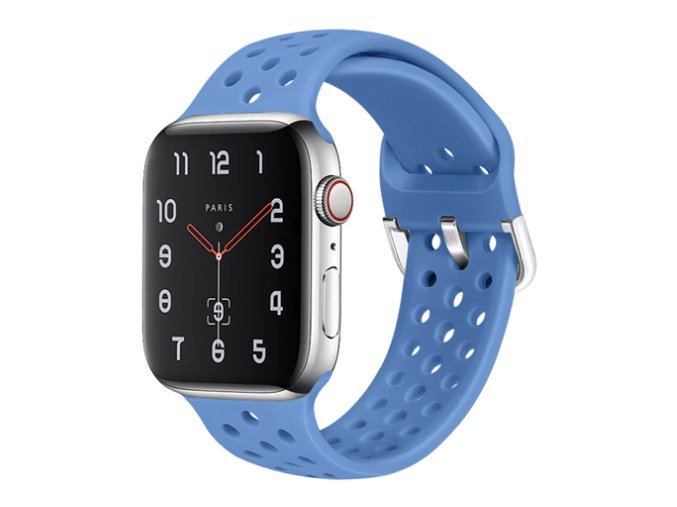 silikonovy reminek s odvetravacimi otvory a prezkou pro apple watch lehce modry