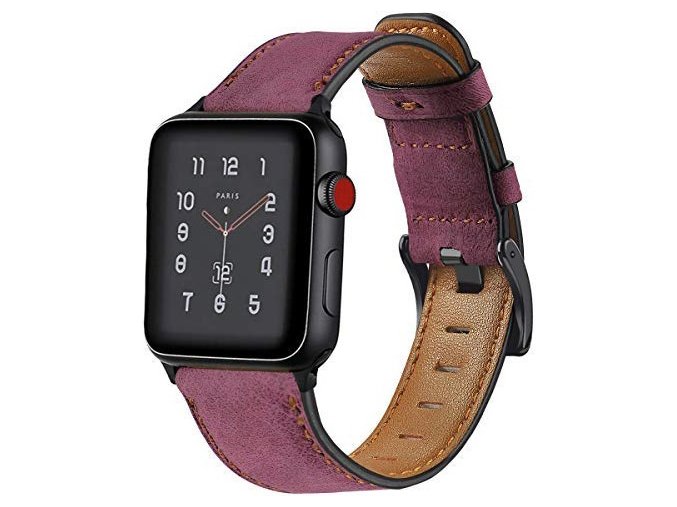 retro kozeny reminek pro apple watch s klasickou ocelovou prezkou cerveny