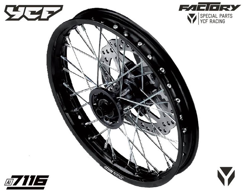 Kompletní přední zesílené kolo 1.4x14", CNC náboj, pevnostní hliníkový ráfek 7116 pitbike YCF Černá