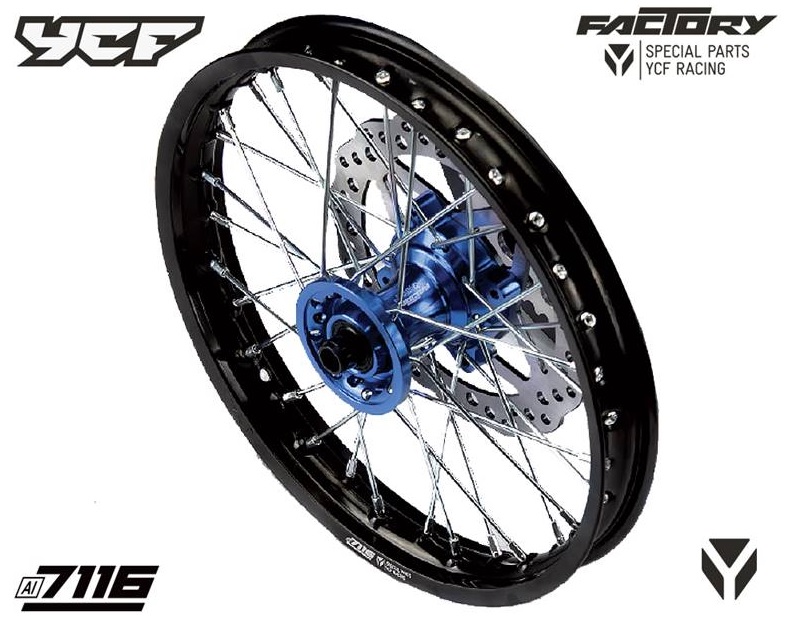 Kompletní přední zesílené kolo 1.4x14", CNC náboj, pevnostní hliníkový ráfek 7116 pitbike YCF Modrá