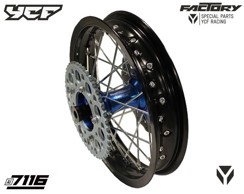 Kompletní zadní zesílené kolo 1.85x12",CNC náboj, pevnostní hliníkový ráfek 7116 pitbike YCF Modrá