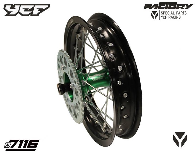 Kompletní zadní zesílené kolo 1.85x12",CNC náboj, pevnostní hliníkový ráfek 7116 pitbike YCF Zelená