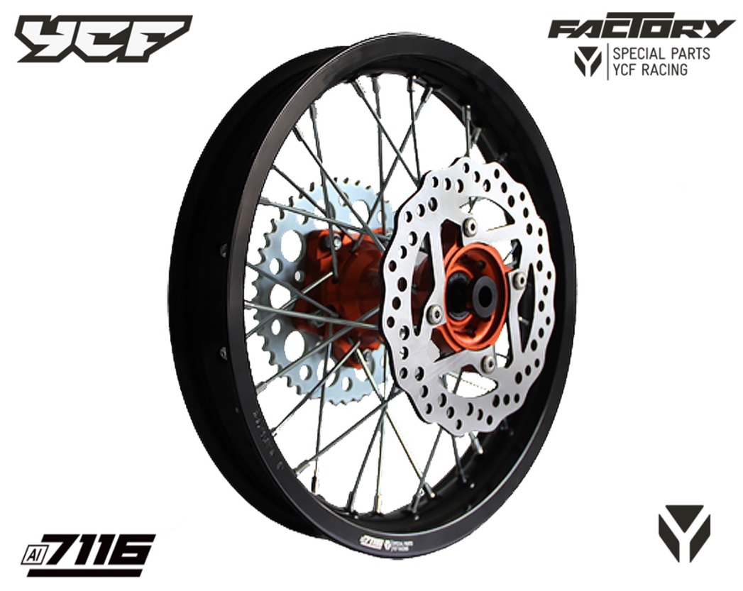 Kompletní zadní zesílené kolo 1.85x12",CNC náboj, pevnostní hliníkový ráfek 7116 pitbike YCF Oranžová