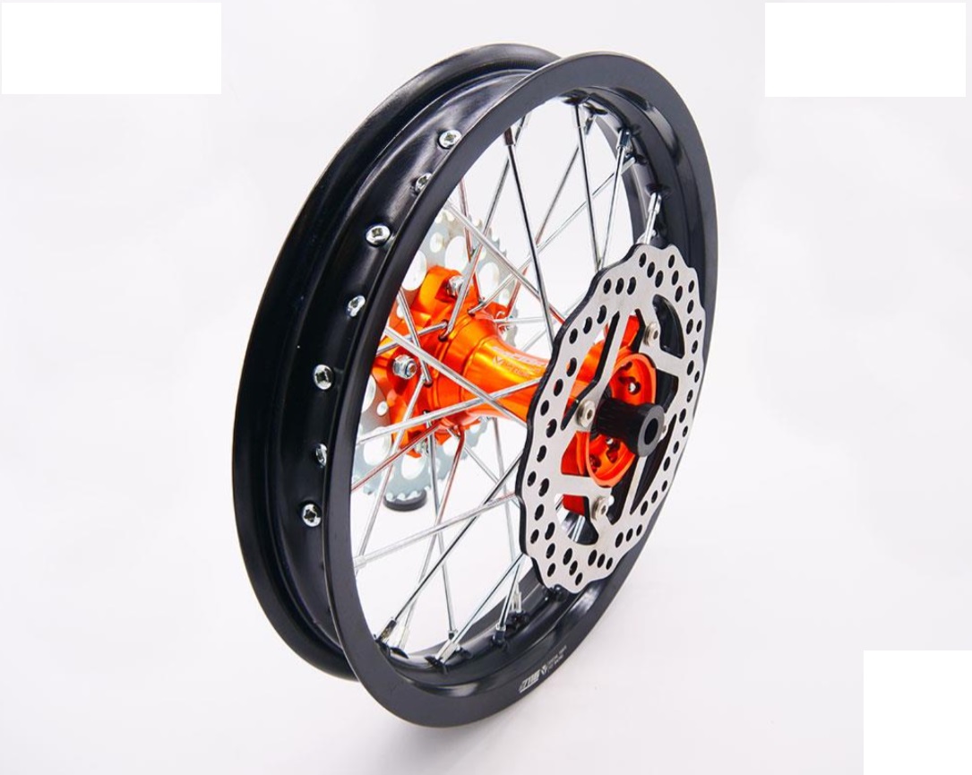 Kompletní zadní kolo 1,85x14'', CNC náboj pitbike YCF Oranžová