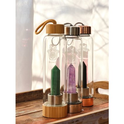 Skleněná lahev na vodu s krystalem PURE ENERGY - STŘÍBRNÁ