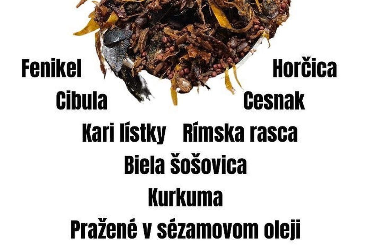 Zloženie zmesi Vadouvan, fenikel, horčica, cibuľa, cesnak, kari lístky, rímska rasca, biela šošovica a kurkuma