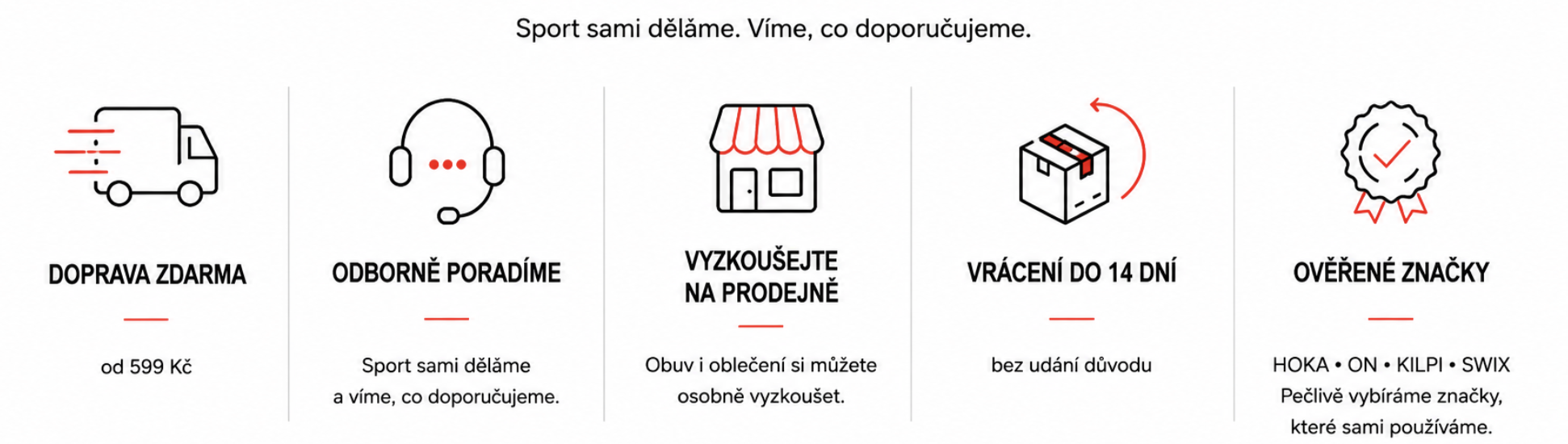 Výhody nákupu u Yo Sportu – doprava zdarma od 599 Kč, odborné poradenství, vyzkoušení na prodejně, vrácení do 14 dní a ověřené značky HOKA, ON, Kilpi a SWIX