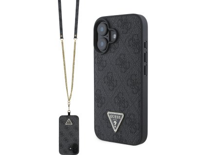 Guess Ochranný kryt s crossbody popruhem na iPhone 16 - Guess, 4G Strass Triangle Metal Logo Black GUHCP16SP4TDSCPK