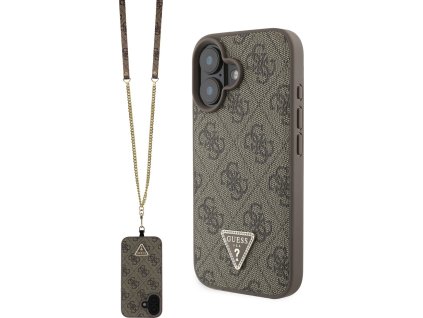 Guess Ochranný kryt s crossbody popruhem na iPhone 16 - Guess, 4G Strass Triangle Metal Logo Brown GUHCP16SP4TDSCPW
