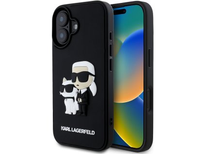 Karl Lagerfeld Ochranný kryt na iPhone 16 - Karl Lagerfeld, 3D Rubber Karl and Choupette Black KLHCP16S3DRKCNK