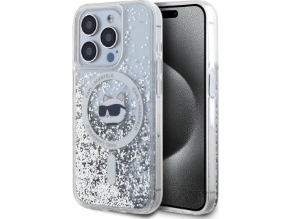 Karl Lagerfeld Ochranný kryt na iPhone 15 Pro - Karl Lagerfeld, Liquid Glitter Choupette Head MagSafe Transparent KLHMP15LLGCHSGH