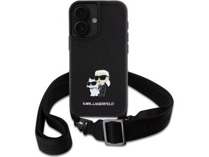 Karl Lagerfeld Ochranný kryt na iPhone 16 - Karl Lagerfeld, Metal Crossbody Karl and Choupette Black KLHCP16SSAKCPBK