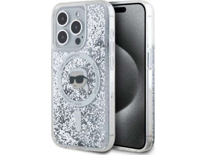 Karl Lagerfeld Ochranný kryt na iPhone 15 Pro - Karl Lagerfeld, Liquid Glitter Karl Head MagSafe Transparent KLHMP15LLGKISGH