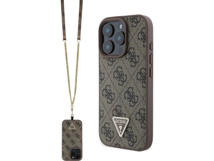 Guess Ochranný kryt s crossbody popruhem na iPhone 16 Pro MAX - Guess, 4G Strass Triangle Metal Logo Brown GUHCP16XP4TDSCPW
