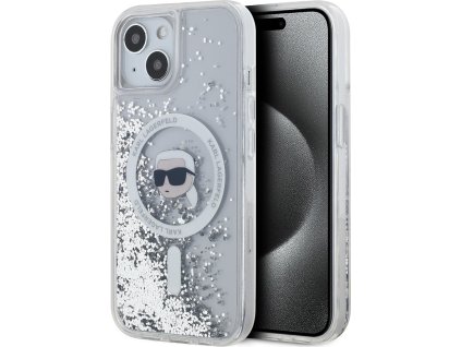 Karl Lagerfeld Ochranný kryt na iPhone 15 - Karl Lagerfeld, Liquid Glitter Karl Head MagSafe Transparent KLHMP15SLGKISGH