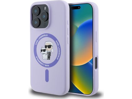 Karl Lagerfeld Ochranný kryt na iPhone 16 Pro - Karl Lagerfeld, Silicone Karl and Choupette MagSafe Purple KLHMP16LSCMKCRHU