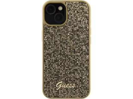 Guess Ochranný kryt na iPhone 15 - Guess, Square Mirror Script Logo Gold GUHCP15SPMSDGSK