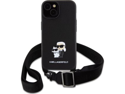 Guess Ochranný kryt s crossbody popruhem pro iPhone 15 - Karl Lagerfeld, Saffiano Metal Karl and Choupette Black KLHCP15SSAKCPBK