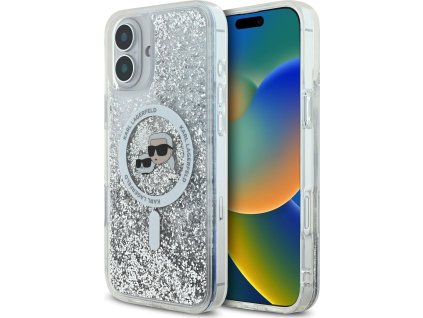 Karl Lagerfeld Ochranný kryt na iPhone 16 - Karl Lagerfeld, Liquid Glitter Karl and Choupette Heads MagSafe Transparent KLHMP16SLGKCSGH