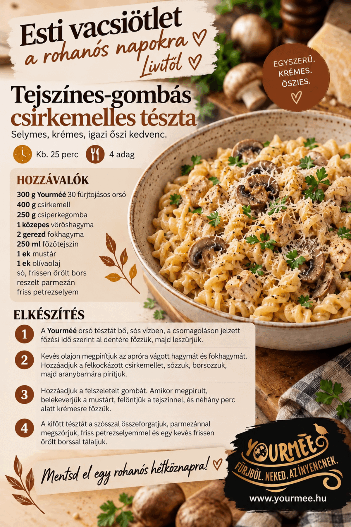 Tejszínes-gombás csirkemelles tészta