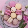 flat lay macarons plate with roses