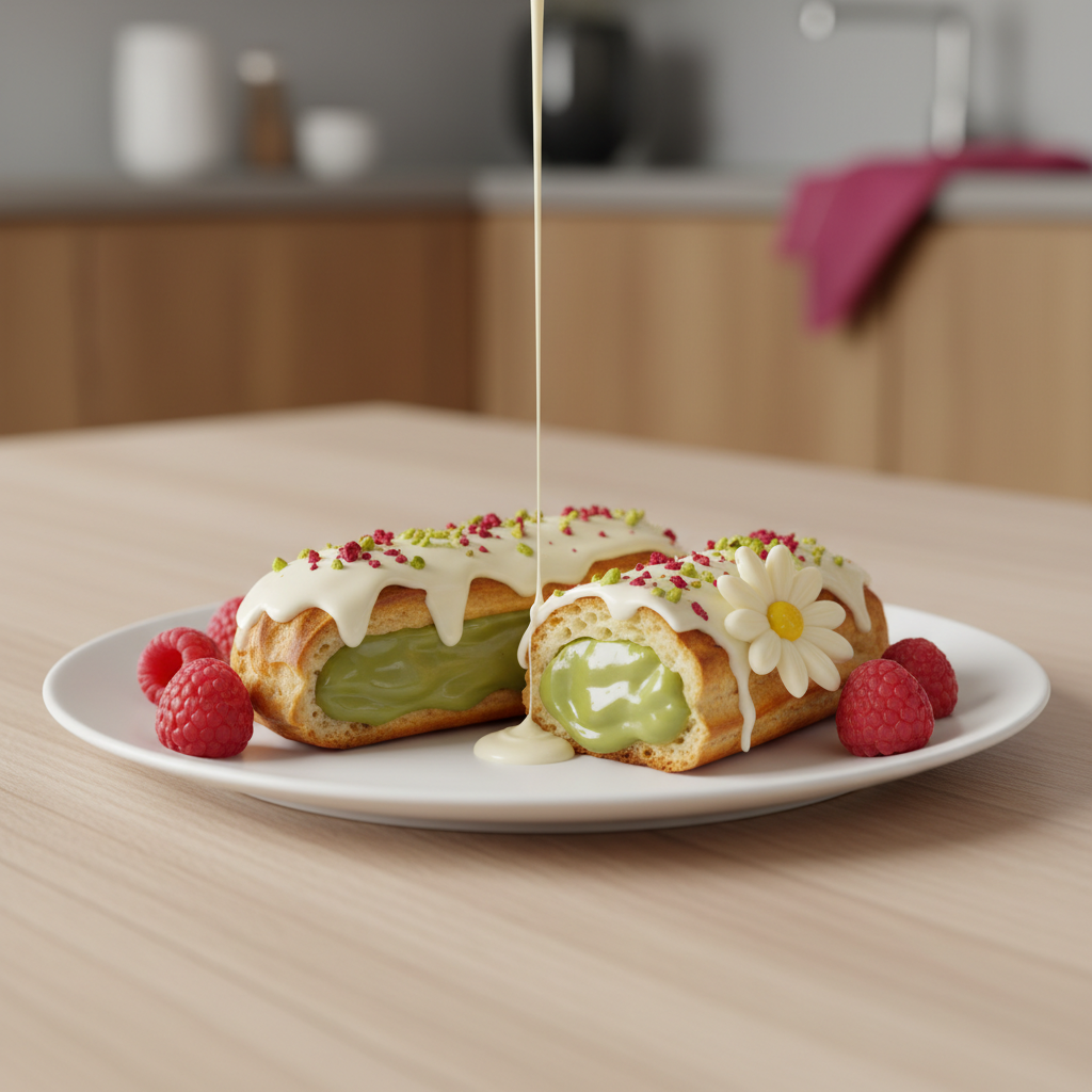 Pistáciový eclair s malinami – jemný pistáciový krém a čerstvé maliny
