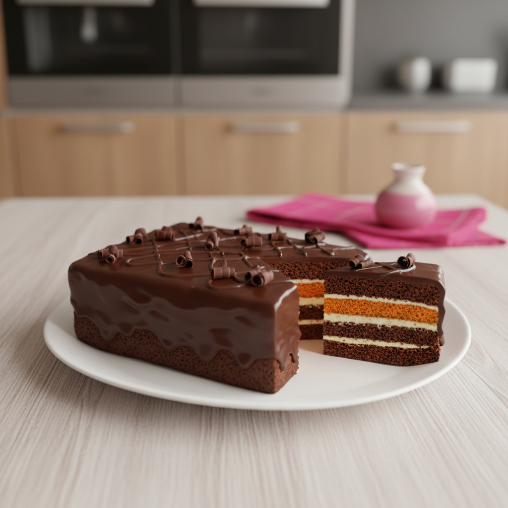 Sunquickový rez – recept na vrstvený koláč s čokoládovou a pomarančovou polevou