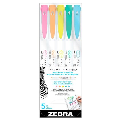 zvýrazňovače zebra mildliner brush fluorescent sada 5ks