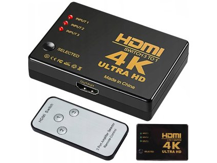 Prepínač splitter 3x na 1 hdmi 4k uhd + diaľkové ovládanie ir