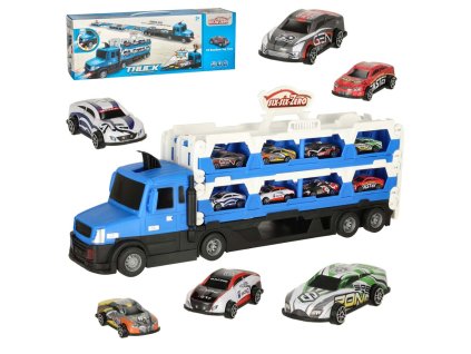 Skládací tahač s autodráhou – transportér 2v1 se světly, zvuky a 10 autíčky