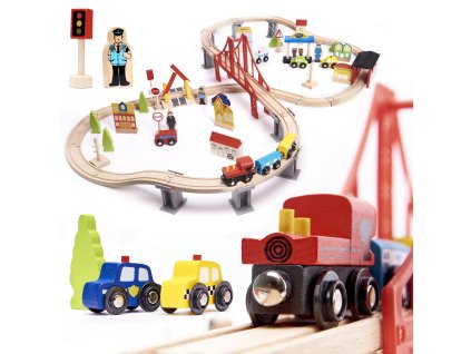 Dřevěná vláčkodráha s mostem a doplňky – 70dílná sada